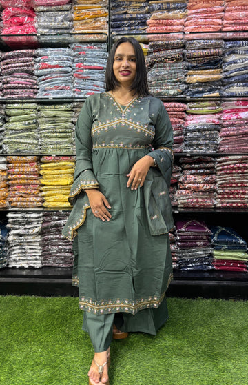 ROUND KURTI PLAZO DUPATTA (ROMAN SILK(COTTON LINING),WITH WORK)