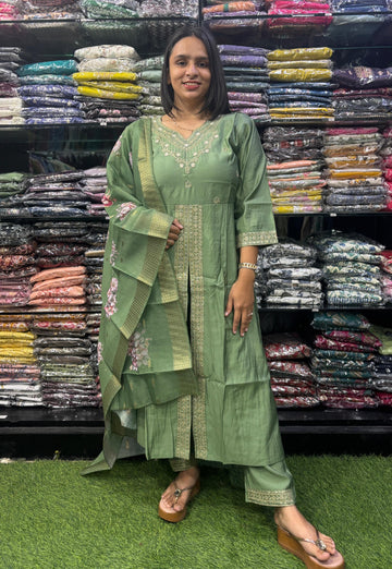 ALINE KURTI PENT DUPATTA (ROMAN SILK(COTTON LINING),WITH WORK)