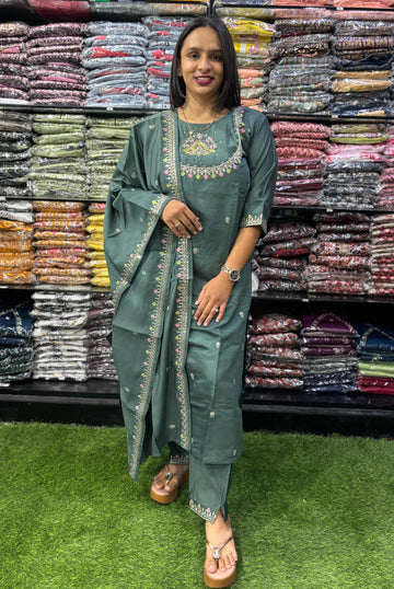 STRAIGHT KURTI PENT DUPATTA (ROMAN SILK(COTTON LINING),WITH WORK)