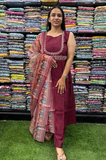 ALINE KURTI PENT DUPATTA (ROMAN SILK(COTTON LINING),WITH WORK)