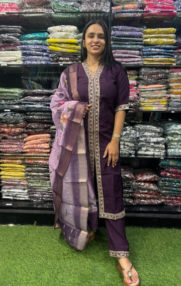 ALINE KURTI PENT DUPATTA (ROMAN SILK(COTTON LINING),WITH WORK)